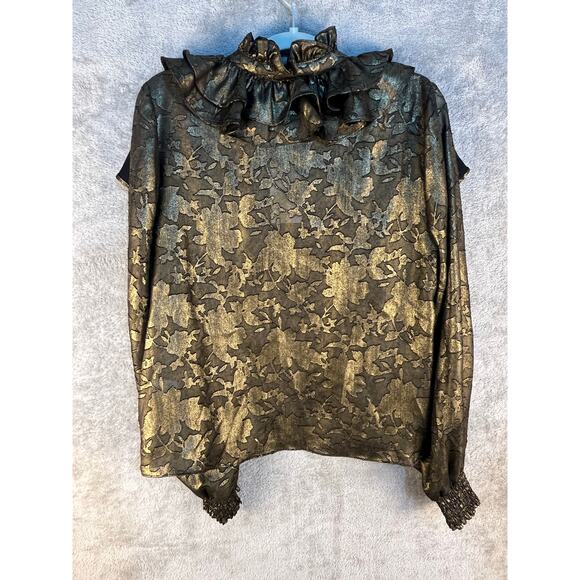 A Loves A Blouse Medium Black Gold Lace Ruffled Whimsigoth Coquette Glam NWT - Picture 6 of 8